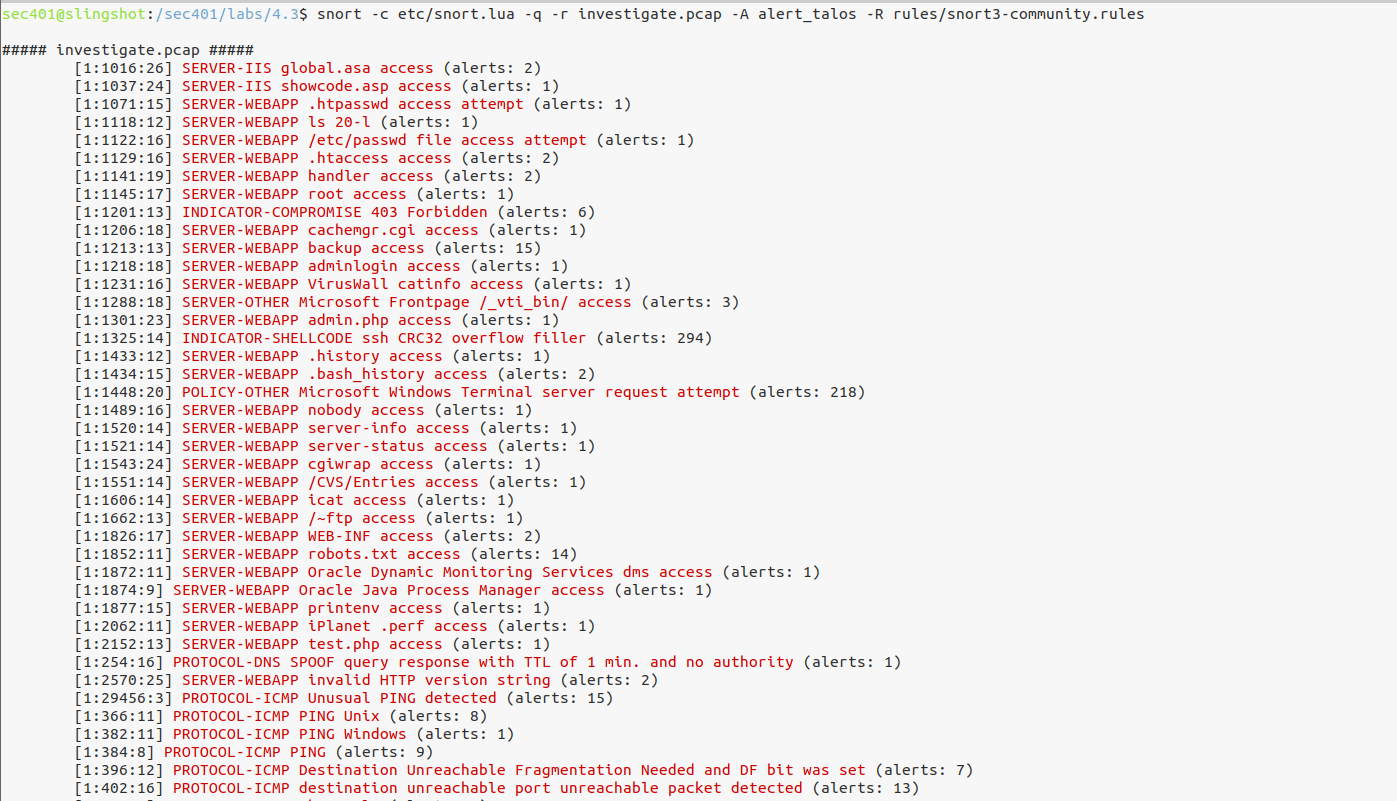 PCAP replay with community rules: summary view